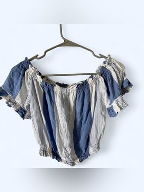 Blue and white off the shoulder blouse